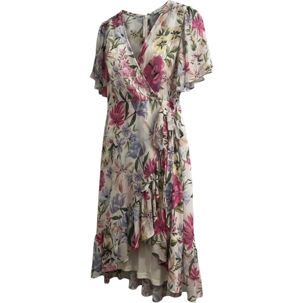 Calvin Klein Dress White Chiffon Sheer Floral Faux Warp Ruffle Size 8 Feminine